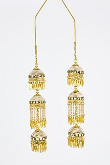 Gold Finish Kundan Polki & Pearl Strand Tying Kaleeras (Set Of 2)