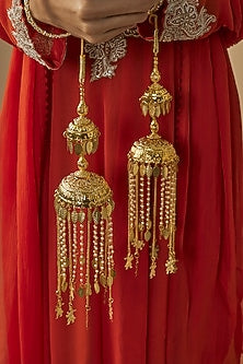 Gold Finish Kundan Polki & Pearl Strand Tying Kaleeras (Set Of 2)