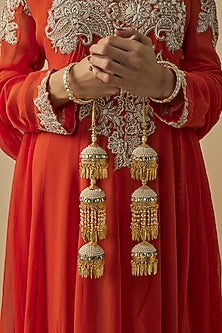 Gold Finish Kundan Polki & Pearl Strand Tying Kaleeras (Set Of 2)