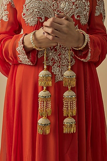 Gold Finish Kundan Polki & Pearl Strand Tying Kaleeras (Set Of 2)