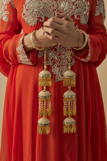 Gold Finish Kundan Polki & Pearl Strand Tying Kaleeras (Set Of 2)
