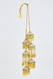 Gold Finish Kundan Polki & Pearl Strand Tying Kaleeras (Set Of 2)