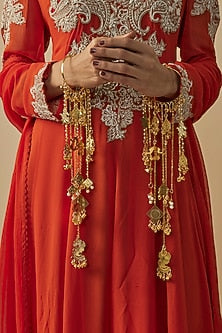 Gold Finish Kundan Polki & Pearl Strand Tying Kaleeras (Set Of 2)