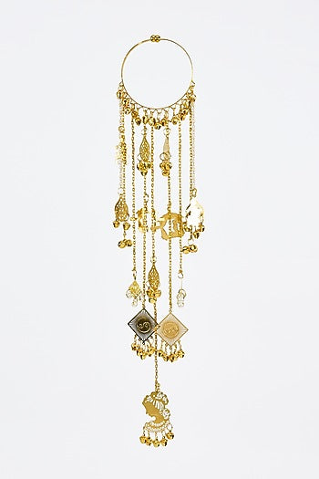 Gold Finish Kundan Polki & Pearl Strand Tying Kaleeras (Set Of 2)