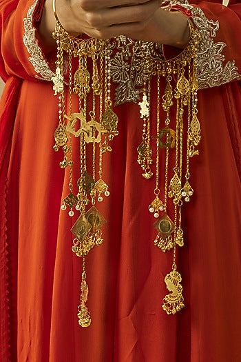 Gold Finish Kundan Polki & Pearl Strand Tying Kaleeras (Set Of 2)