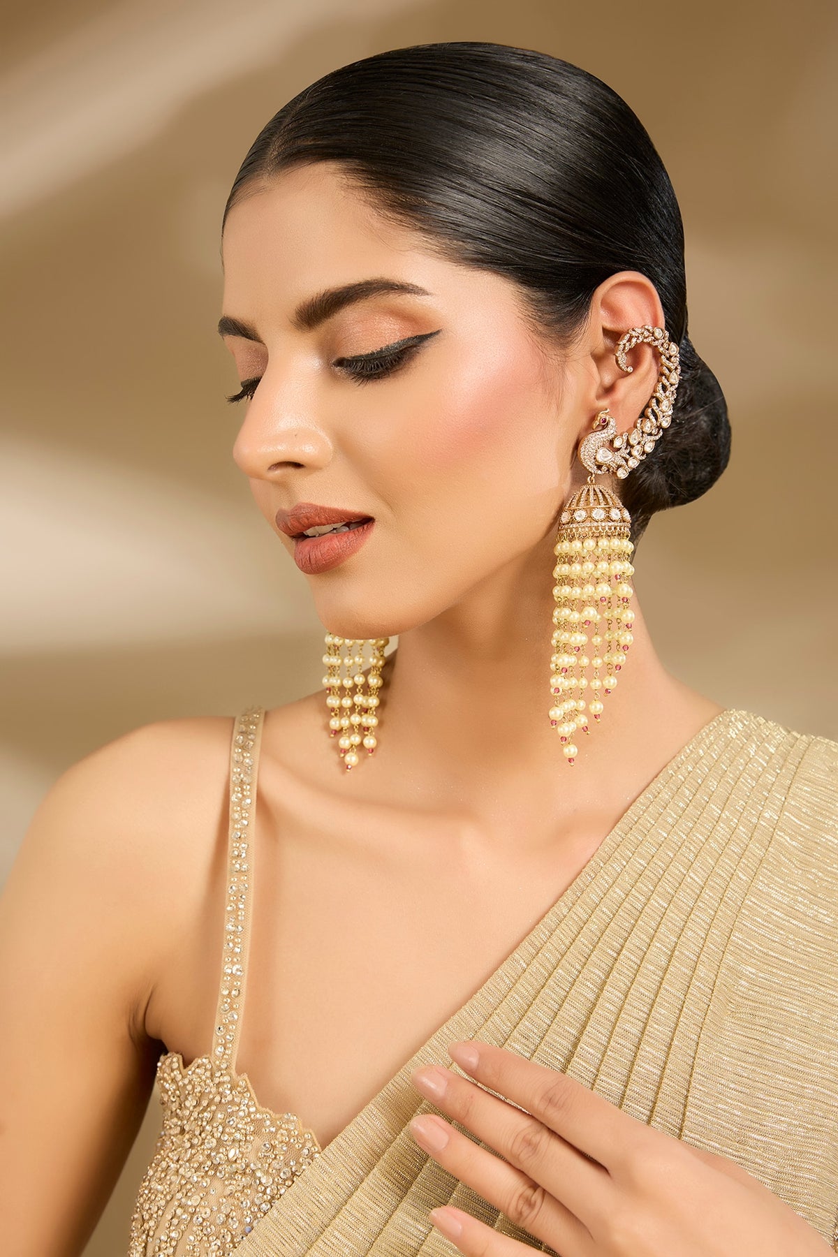 Gold Finish Pearl Drop Chandelier Earrings