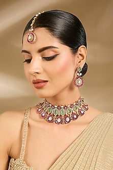 Gold Finish Green & Pink Stone Choker Necklace Set