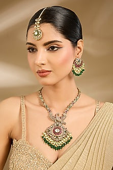 Gold Finish Green & White Stone Long Necklace Set