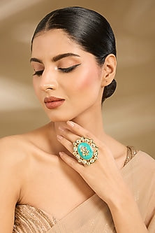 Gold Finish Kundan Polki & Turquoise Stone Ring