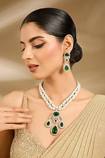 White Finish Pearl & Green Stone Long Necklace Set