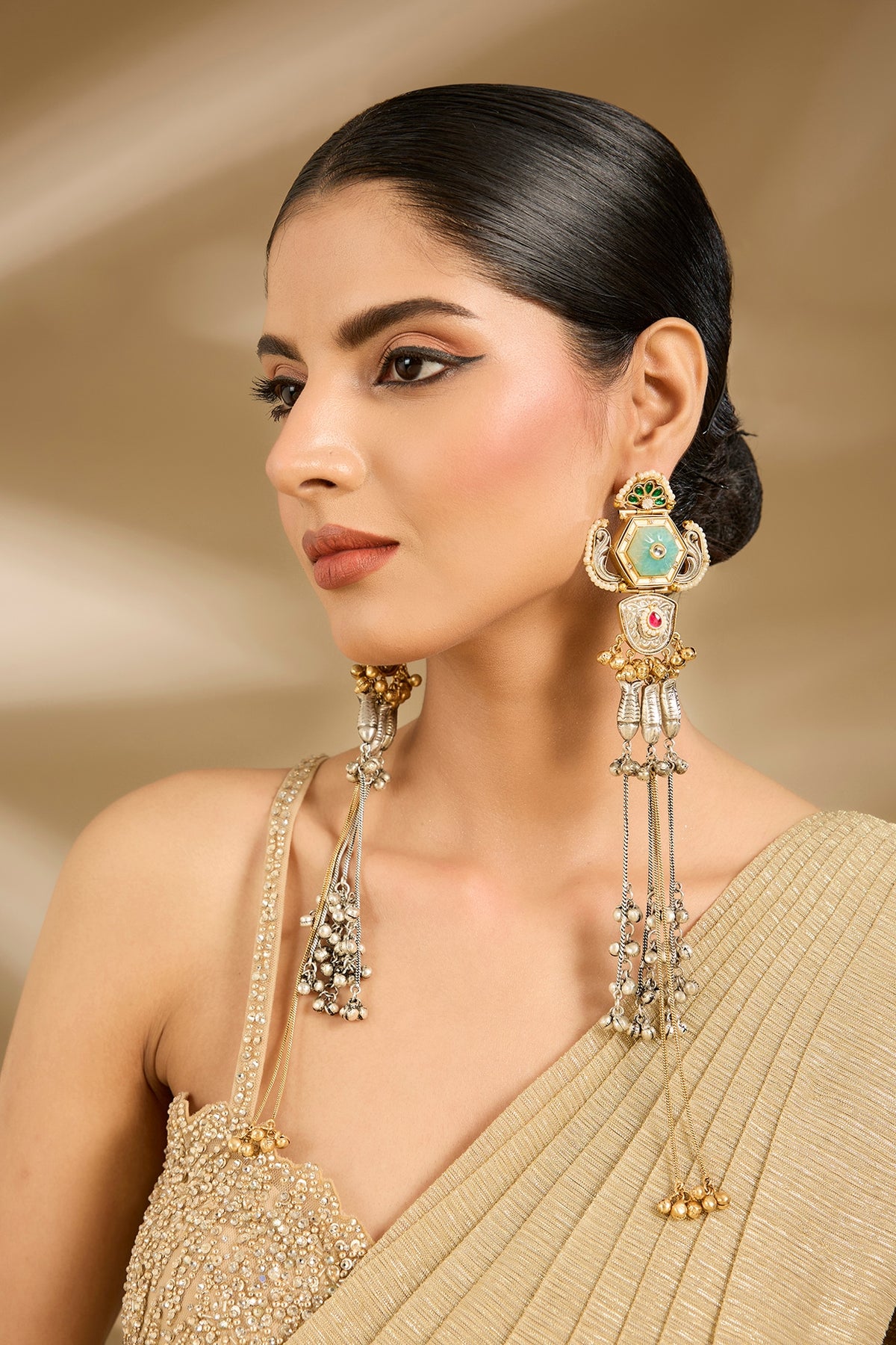 Gold Finish Green Stone & Tassel Chain Enameled Dangler Earrings
