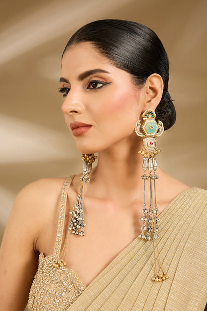 Gold Finish Green Stone & Tassel Chain Enameled Dangler Earrings
