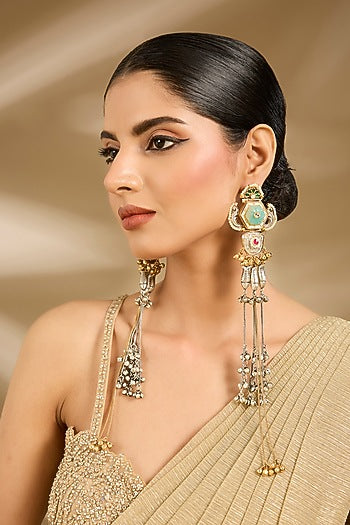 Gold Finish Green Stone & Tassel Chain Enameled Dangler Earrings