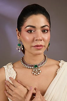 Gold Finish Kundan Polki & Emerald Choker Necklace Set