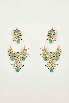 Gold Finish Kundan Polki & Pearl Drop Chandbali Earrings