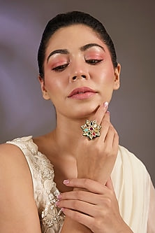 Gold Finish Kundan Polki & Multi-Colored Stone Floral Ring