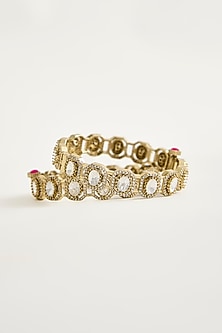 Antique Gold Finish Kundan Polki & Shimmering Stone Bangles (Set Of 2)