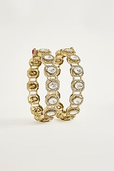 Antique Gold Finish Kundan Polki & Shimmering Stone Bangles (Set Of 2)