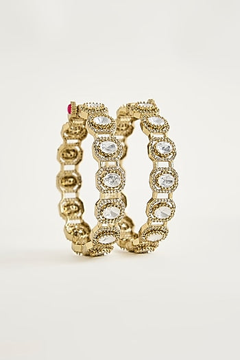 Antique Gold Finish Kundan Polki & Shimmering Stone Bangles (Set Of 2)