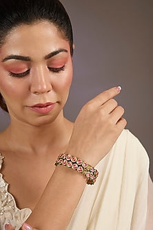 Antique Gold Finish Kundan Polki Enameled Bangles (Set Of 2)