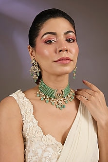 Gold Finish Green Beaded & Pearl Floral Choker Necklace Set