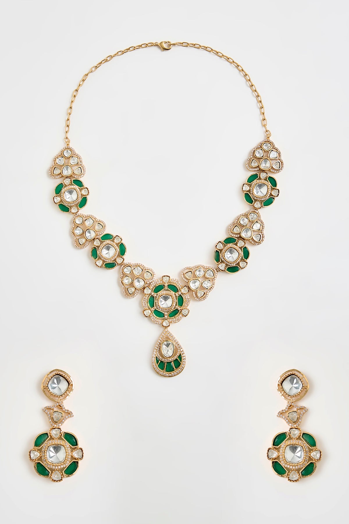 Gold Finish Kundan Polki & Floral Motif Necklace Set