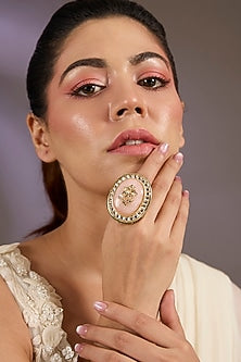 Gold Finish Kundan Polki & Pink Stone Oversized Ring