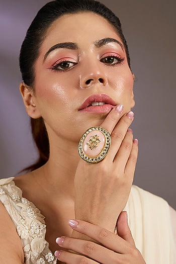 Gold Finish Kundan Polki & Pink Stone Oversized Ring