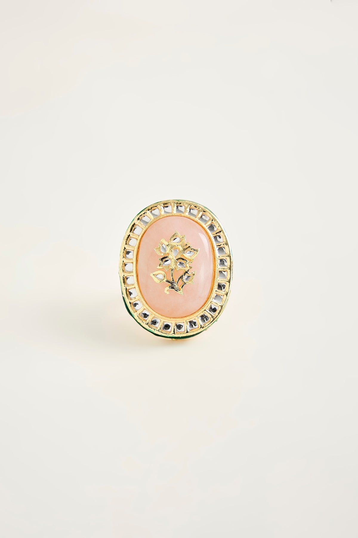 Gold Finish Kundan Polki & Pink Stone Oversized Ring
