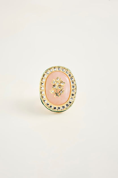 Gold Finish Kundan Polki & Pink Stone Oversized Ring