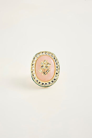 Gold Finish Kundan Polki & Pink Stone Oversized Ring