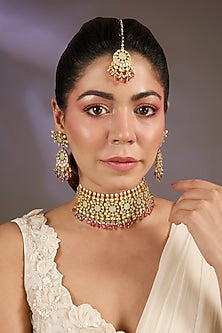 Gold Finish Kundan Polki & Pearl Choker Necklace Set