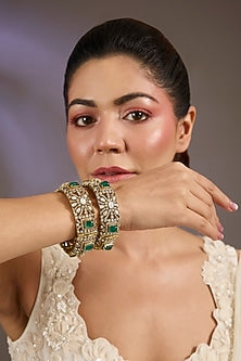 Antique Gold Finish Kundan Polki & Emerald Bangles (Set Of 2)