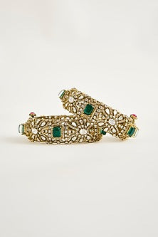 Antique Gold Finish Kundan Polki & Emerald Bangles (Set Of 2)
