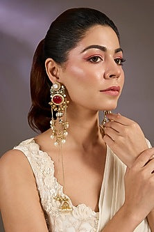 Gold Finish Kundan Polki & Pink Stone Dangler Earrings