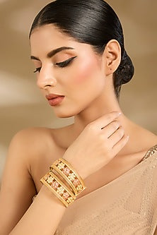 Gold Finish Kundan Polki Meenakari Bangles (Set Of 2)