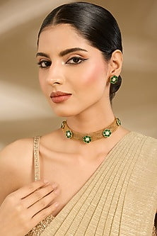 Gold Finish Kundan Polki & Green Stone Choker Necklace Set
