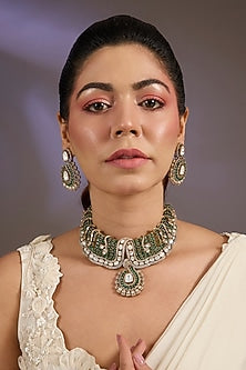 Gold Finish Green Kundan Polki Choker Necklace Set