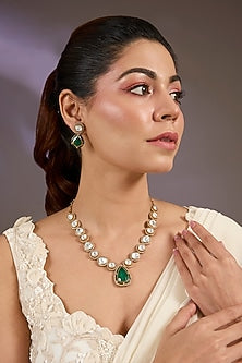 Gold Finish Kundan Polki & Green Teardrop Pendant Necklace Set