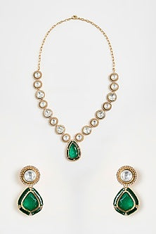 Gold Finish Kundan Polki & Green Teardrop Pendant Necklace Set