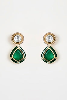 Gold Finish Kundan Polki & Green Teardrop Pendant Necklace Set