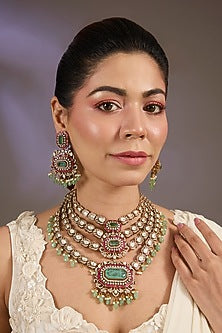 Gold Finish Kundan Polki & Emerald Long Necklace Set