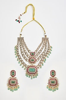 Gold Finish Kundan Polki & Emerald Long Necklace Set