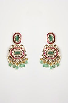 Gold Finish Kundan Polki & Emerald Long Necklace Set