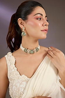 Gold Finish Kundan Polki & Emerald Stone Choker Necklace Set