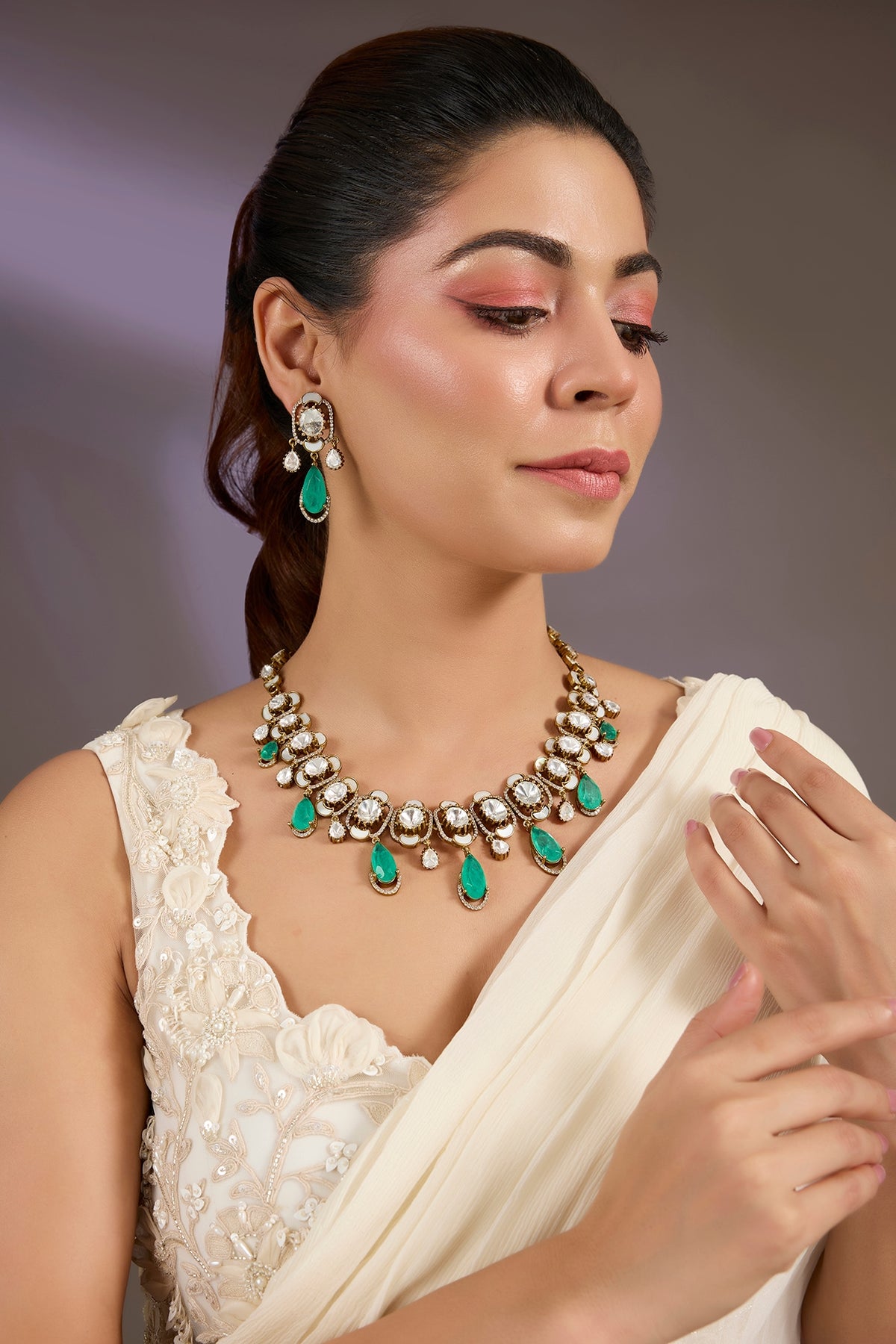 Gold Finish Kundan Polki & Pearl Choker Necklace Set