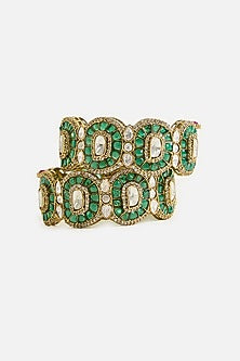 Gold Finish Kundan Polki & Green Stone Bangles (Set Of 2)