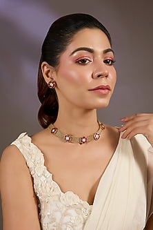 Gold Finish Ruby Stone Choker Necklace Set