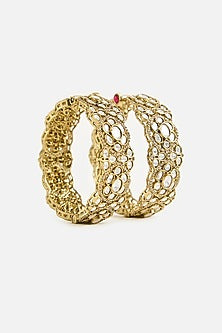 Gold Finish Moissanite Polki Bangles (Set Of 2)