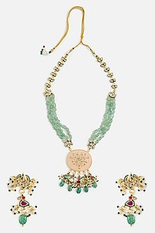 Gold Finish Green Beaded Long Necklace Set